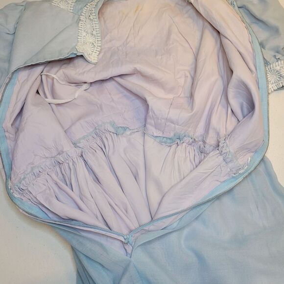 70s Does Regency Blue Maxi Dress Prarie Puffed Sleeves Union Made - Picture 13 of 14